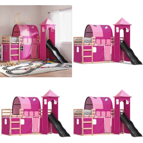 Lit superposé sans matelas avec toboggan et rideaux 90x190 cm - Lit Superpose - Lit Enfantine - Lit Design - Lit Bois - Lit Pin - Home & Living