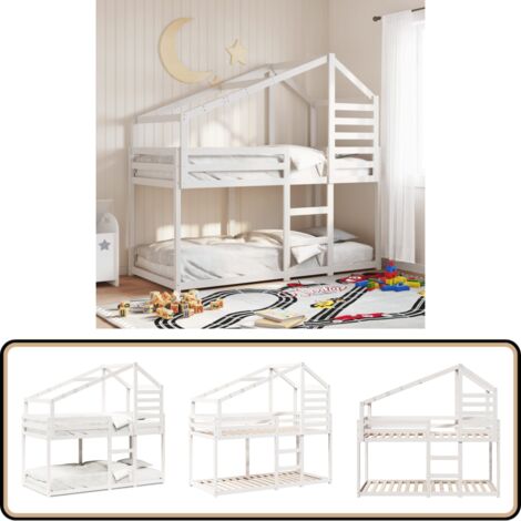 Lit superposé sans matelas blanc 90x200 cm bois de pin massif - Lit Superposé - Lit Enfant - Lit Cabane - Lit Avec Toit - Meuble Enfant
