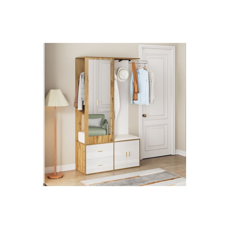 Modfu - Vestiaire d'entrée, banc à chaussures avec coussins, miroir, armoire à chaussures, crochets et cintres rétractables, blanc et bois
