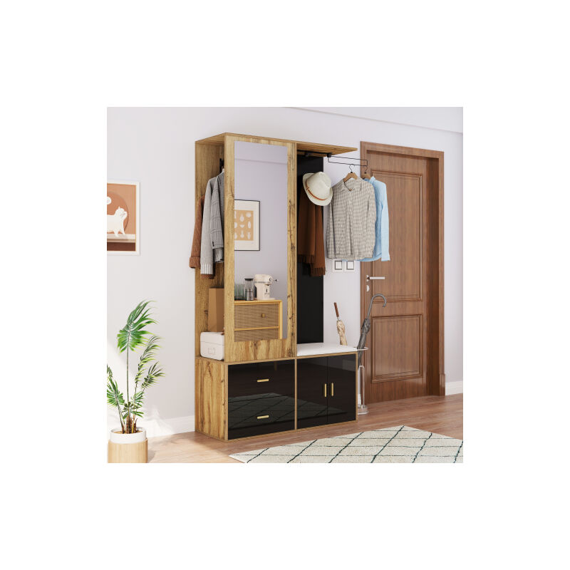 Vestiaire d'entrée, banc à chaussures avec coussins, miroir, armoire à chaussures, crochets et cintres rétractables, noir et bois