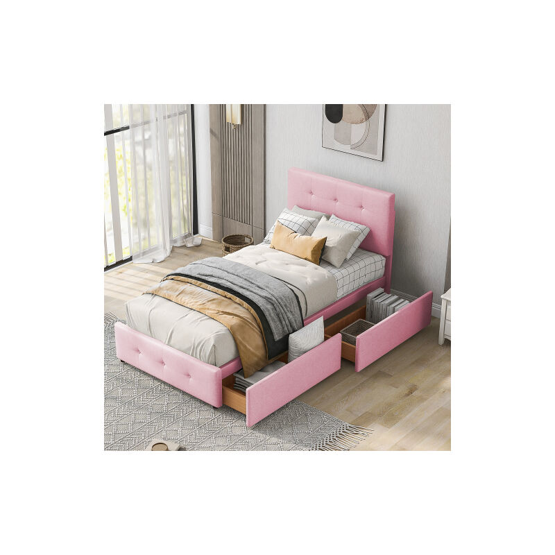 Lit avec tiroirs Lit enfant rembourré 90x200 cm avec 2 tiroirs en Velours. lit d'appoint Rose. Sans Matelas