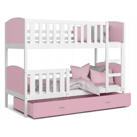 Lit Superposé Tomy 90x190 tiroir + Matelas Blanc - rose