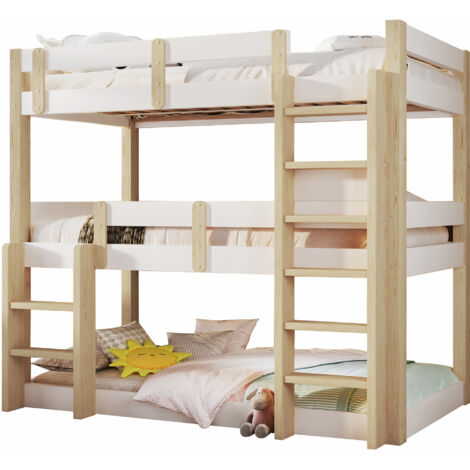 Lit superposé triple 90x190cm avec escalier en bois, lit enfant structure gain de place pour chambre familiale, blanc et naturel