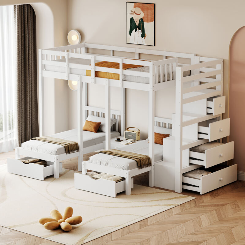 Fortuna Lai - Lit superposé triple 90x200cm - Lit enfant en bois massif avec tiroirs et escaliers, grille de sécurité et table de chevet - blanc