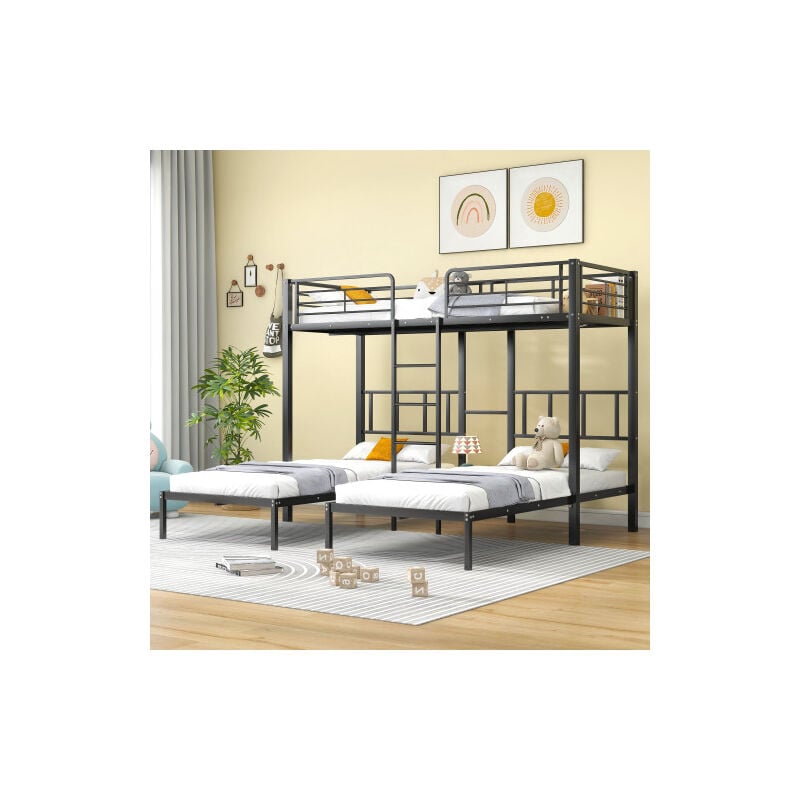 Liberté - Lit superposé triple avec échelle pour enfants et adolescents, lit en fer avec rail de sécurité et table, noir (90x200cm3)