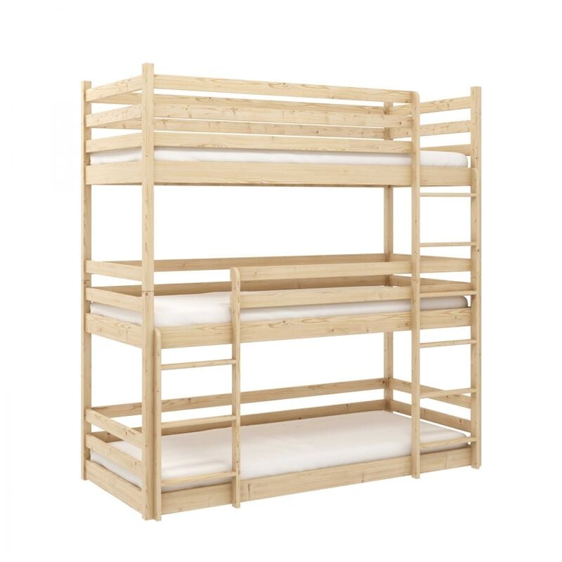 Befara - lit superposé triple en bois massif kaya - Naturelle - 80 x 180