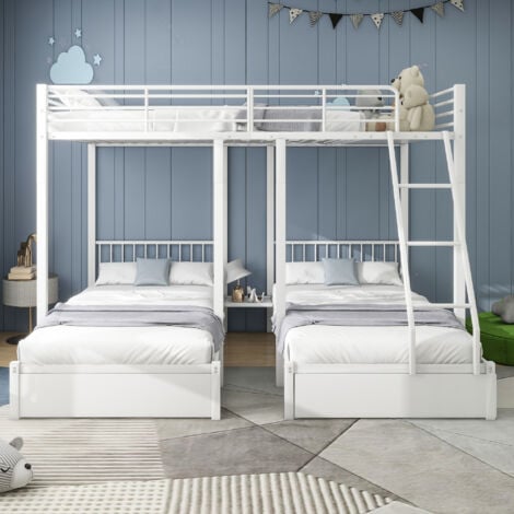 Lit superposé triple Lit métal 90 x 200 avec tiroirs, transformable en lit double 140 x 200 et deux lits simples 90 x 200, blanc
