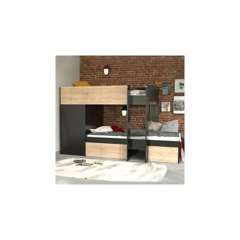 Le Quai Des Affaires - Lit superposé twin 90x190 avec armoire et tiroirs + 2 sommiers / Décor Chêne Blanchi et Noir/