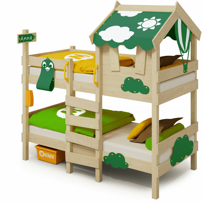 Lit enfant, Lit superposé Crazy Daisy avec toboggan vert Lit en bois 90 x 200 cm - Wickey