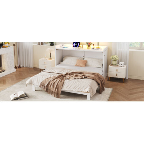 Lit sur étagère 140x200 cm, tiroirs sous lit, USB et prise électrique. Barre LED, surface brillante, convertible. Sans matelas, blanc.