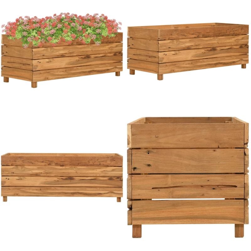 Lit surélevé 100x40x38 cm bois de teck recyclé et acier - Jardinière En Bois - Pot De Fleurs Extérieur - Jardin Design - Mobilier De Jardin