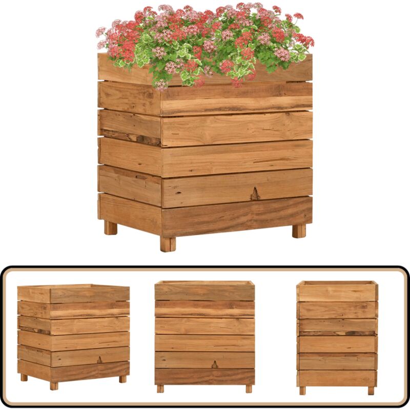 Lit surélevé 50x40x55 cm bois de teck recyclé et acier - Jardinière En Bois - Jardinière Surélevée - Pot De Fleurs Extérieur - Décoration Jardin