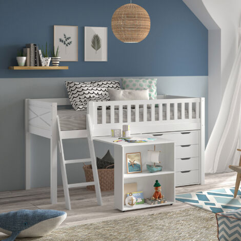 Lit surélevé 90x200 avec bureau et commode blanc - NIFTY