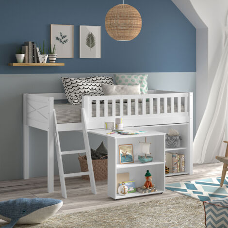 Lit surélevé 90x200 avec bureau et étagères blanc - NIFTY
