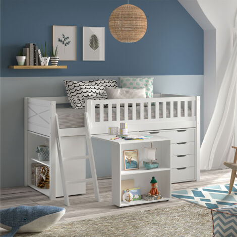 Lit surélevé 90x200 avec bureau, étagères et commode blanc - NIFTY