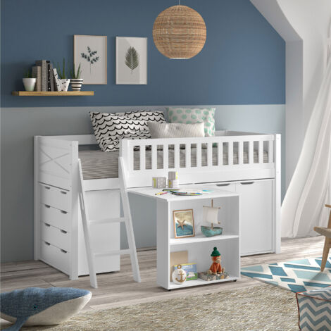 Lit surélevé 90x200 avec bureau, placard et commode blanc - NIFTY