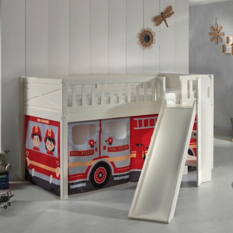 Lit surélevé 90x200 cm avec toboggan décor pompier - NIFTY