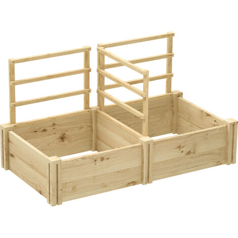 Lit surélevé avec 3 treillis et 2 jardinières en bois d'épicéa à fond ouvert, 119x62.5x64 cm, couleur bois