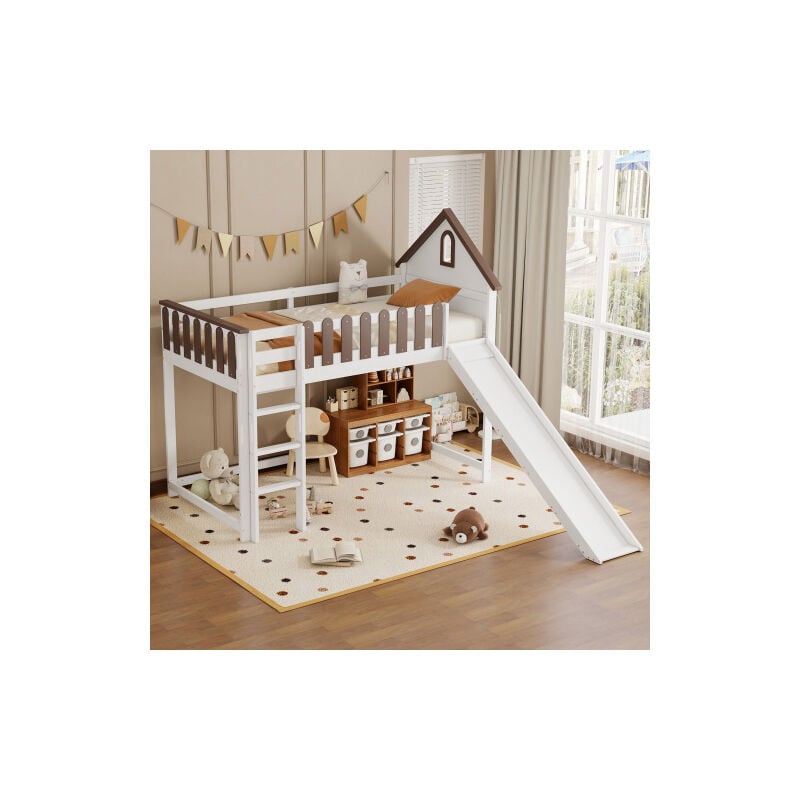 Lit surélevé, Avec toit et fenêtre, Avec échelle droite à trois barreaux, Lit d'adolescent, Lit d'enfant avec toboggan, Pin+MDF, Blanc+Noyer, 90x200cm