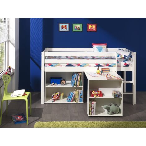 Lit surélevé + bibliothèque 2 niches + bureau blanc - PINO