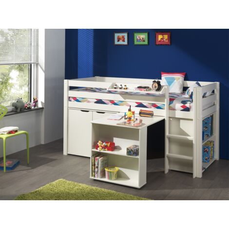 Lit surélevé + bibliothèque + commode 2 portes + bureau blanc - PINO