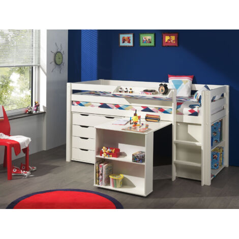 Lit surélevé + bibliothèque + commode 4 tiroirs + bureau blanc - PINO