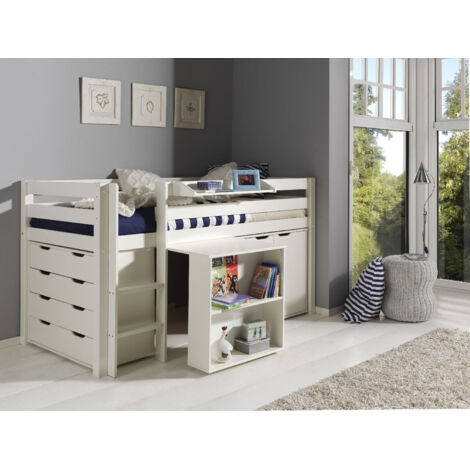 Lit surélevé + bureau + 2 commodes + étagère blanc - PINO