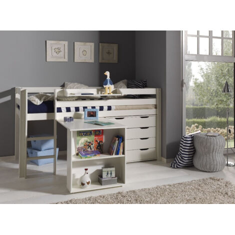Lit surélevé + bureau + commode 4 tiroirs + étagère blanc - PINO