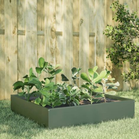 Lit surélevé de jardin-Jardinière surélevée-Bac de jardin surélevé vert olive 100x100x33,5 cm acier