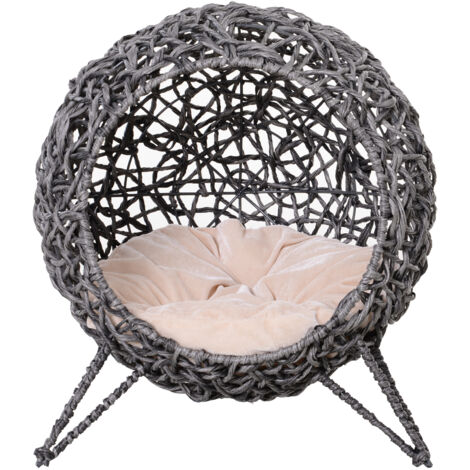Lit surélevé pour chat PawHut, niche grotte cosy Ø 52 x 58H cm, coussin moelleux inclus, résine tressée imitation rotin gris