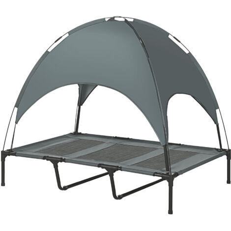 Lit surélevé pour chien PawHut avec auvent, couchage extérieur pour chien et chat sur pieds en Oxford respirant, anti-UV, structure métallique, sac de transport inclus, 122 x 92 x 108 cm, gris et noir