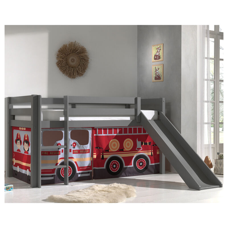 M&s - Lit Mi-Hauteur 90x200 Toboggan sommier inclus housse Pompier Vipack Pino Gris