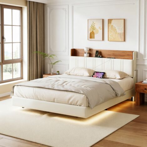 Lit suspendu 140 x 190cm avec bande LED–Lit double rembourré 140 x 190–Lit adulte 140 x 190–Tête de lit avec rangement–Port USB et Type-C–PU–Beige