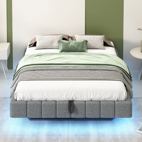 Lit Suspendu 140x200cm - Avec Rangement Pneumatique & LED - Pour Chambre - Gris