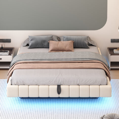 Lit Suspendu 180x200cm - Avec Rangement Pneumatique & LED - Pour Chambre - Beige