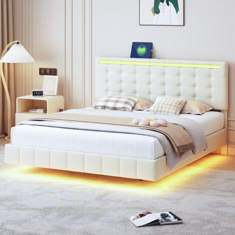 Lit suspendu capitonné 160x200cm avec éclairage LED, lit double avec tête de lit réglable, lit moderne pour enfant/adulte avec sommier à lattes, pour chambre à coucher,lin,beige