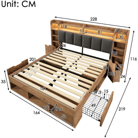 Lit système double 160x200 cm couleur chêne,éclairage LED,tiroirs coulissants,tables de chevet avec ports de charge.