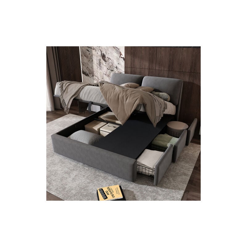 Okwish - Lit coffre 140x190 cm, lit double rembourré, lit adulte hydraulique avec 3 tiroirs et sommier à lattes, en velours gris, sans matelas