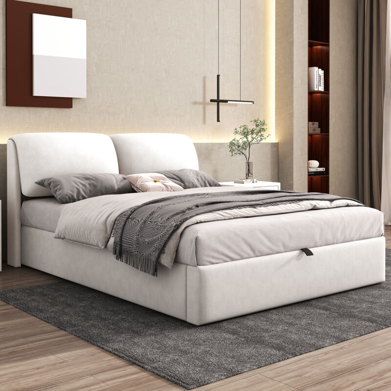Okwish - Lit coffre 140x190 cm, lit double rembourré, lit adulte hydraulique avec 3 tiroirs et sommier à lattes, en velours beige, sans matelas