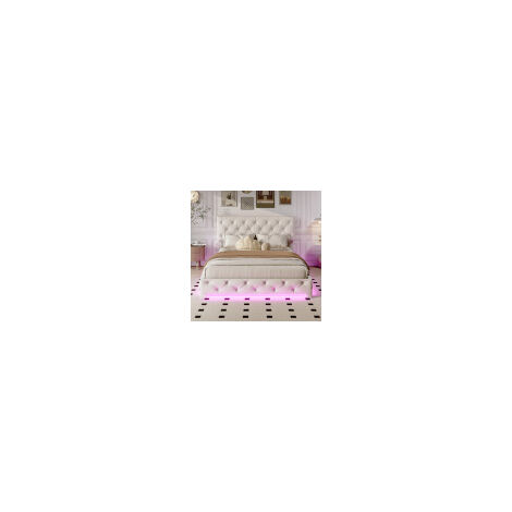 Lit tapissé 140x200 cm, lit double, lit coffre hydraulique LED, lit adulte, lit ado, grand espace de rangement, tête de lit réglable, beige, lin (matelas non inclus)
