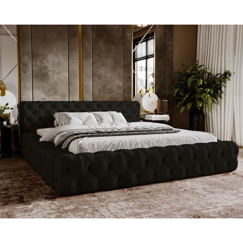 Lit double 180x200 Vigo - Lit Chesterfield avec Tiroir de Lit - Style Glamour - Lit design - Noir (Amor Velvet 4322) - Noir