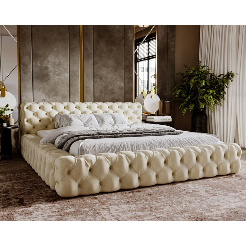 Emporius - Lit double 180x200 Vigo - Lit Chesterfield avec Tiroir de Lit - Style Glamour - Lit design - Beige (Amor Velvet 4323)