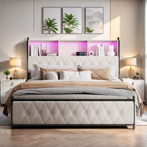 Lit tapissé 160 x 200 cm avec 4 tiroirs, lit double, avec LED et USB, avec tête de lit rangement, convient aux adultes et adolescents, velours, beige (livraison locale)