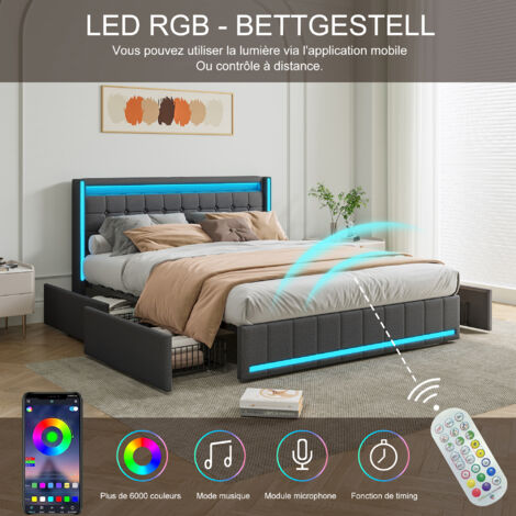 Lit tapissé 160 x 200 cm avec éclairage LED, lit double avec 4 tiroirs, cadre de lit avec sommier à lattes en bois, gris (matelas non inclus),