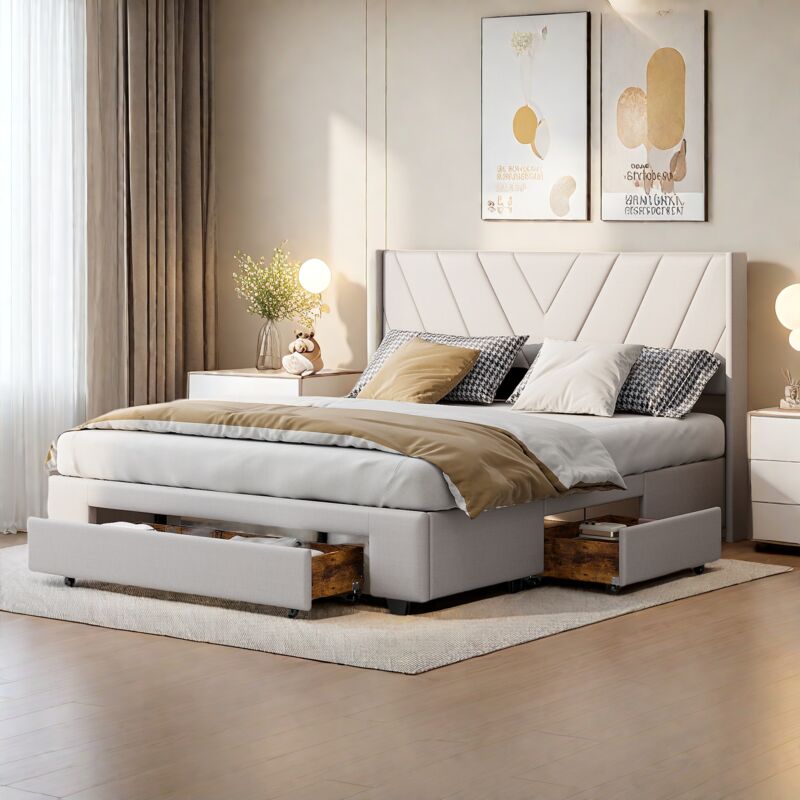 Lit tapissé 160 x 200 cm, lit double, avec 3 tiroirs en bois, cadre de lit coffre, avec sommier à lattes et cadre en métal, lit avec sommier, lin,