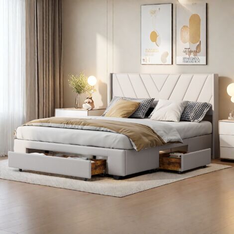 Lit tapissé 160 x 200 cm, lit double, avec 3 tiroirs en bois, cadre de lit coffre, avec sommier à lattes et cadre en métal, lit avec sommier, lin, sans matelas, beige (livraison locale)