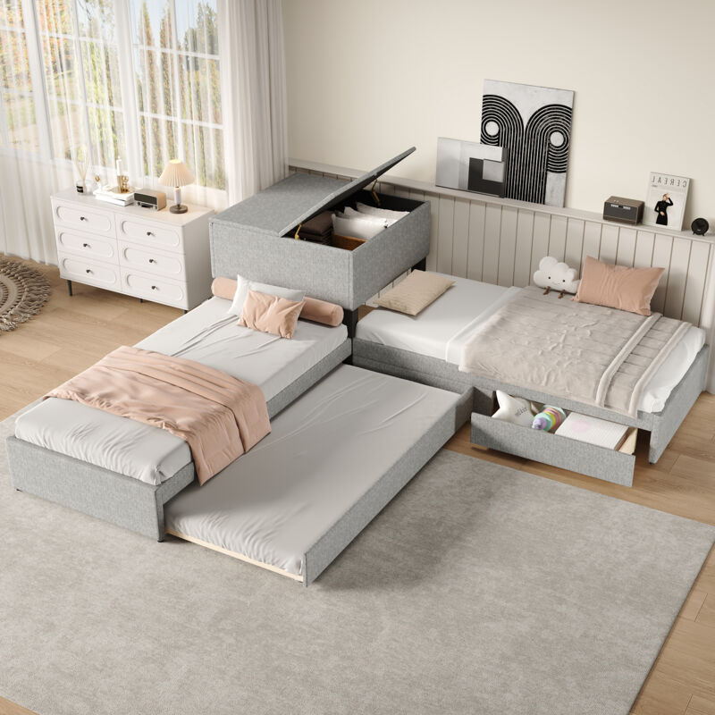 Okwish - lit simple( 2 ) 90x200 cm avec lit gigogne, lit rembourré avec placard de rangement, avec tiroir, tissu lin, gris, sans matelas