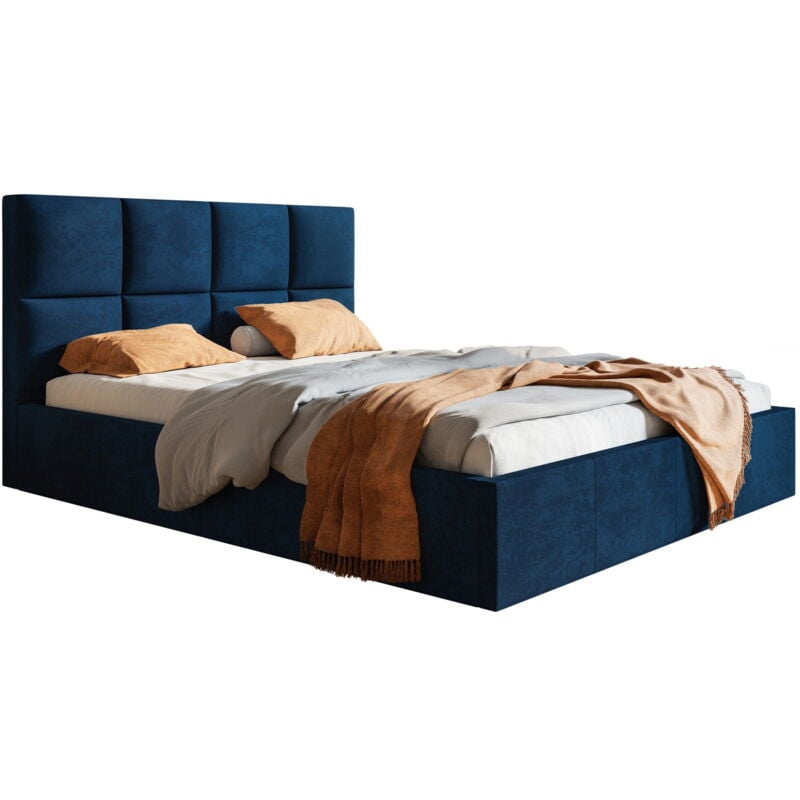 Lit Tapissé adulte 160x200 Fado - Tiroir de Lit, Tissu Velours - Livraison Rapide (Bleu - Kronos 09)