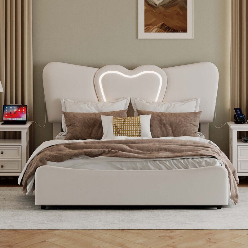 Sunfecili - Lit tapissé en Velours 140 x 200 cm avec éclairage led, lit Coffre, tête de lit réglable en Forme de cœur, Ports USB/Type-C, sommier à