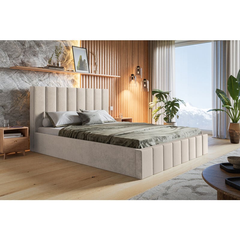 lit 180x200 cm moris - tiroir de lit, tissu velours & sommier - moderne lit double chambre à coucher (beige - jasmine 21) - beige
